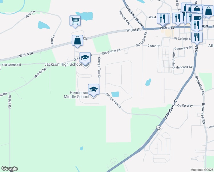 map of restaurants, bars, coffee shops, grocery stores, and more near 751 George Tate Drive in Jackson