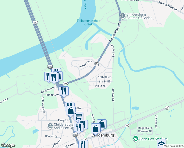 map of restaurants, bars, coffee shops, grocery stores, and more near 305 Coosa Pines Drive in Childersburg