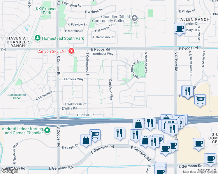 map of restaurants, bars, coffee shops, grocery stores, and more near 2423 East Longhorn Place in Chandler