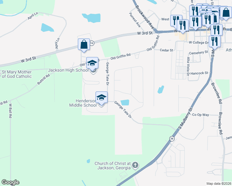 map of restaurants, bars, coffee shops, grocery stores, and more near 751 George Tate Drive in Jackson