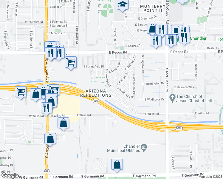 map of restaurants, bars, coffee shops, grocery stores, and more near 1254 South Bogle Court in Chandler