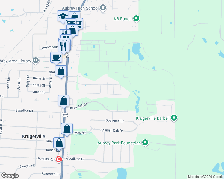 map of restaurants, bars, coffee shops, grocery stores, and more near 1021 Crockett Street in Aubrey