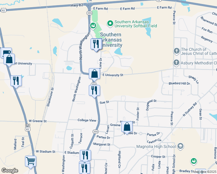 map of restaurants, bars, coffee shops, grocery stores, and more near 2114 North Jackson Street in Magnolia