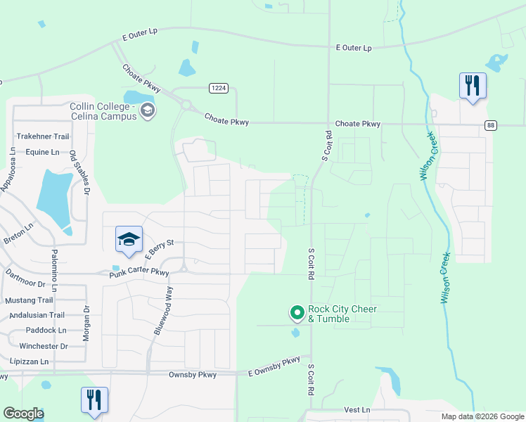 map of restaurants, bars, coffee shops, grocery stores, and more near 4001-4999 County Road 86 in Prosper