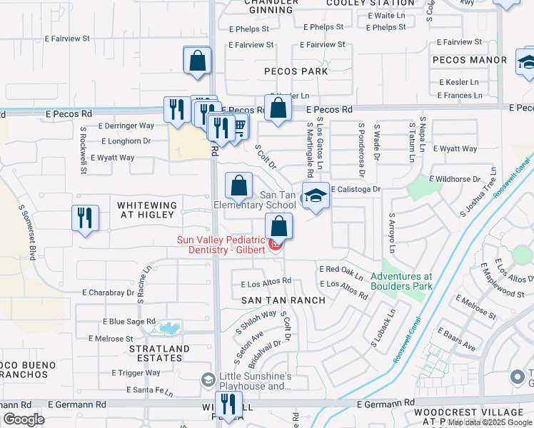 map of restaurants, bars, coffee shops, grocery stores, and more near 3334 East Woodside Way in Gilbert