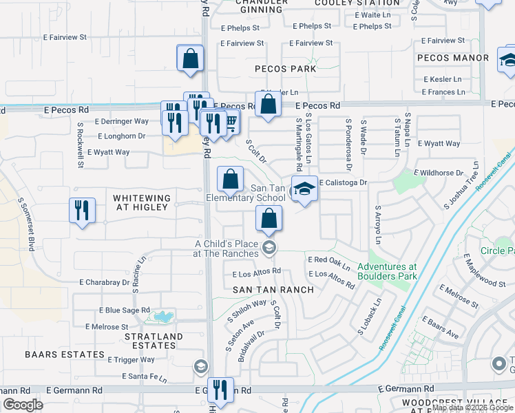 map of restaurants, bars, coffee shops, grocery stores, and more near 3334 East Woodside Way in Gilbert