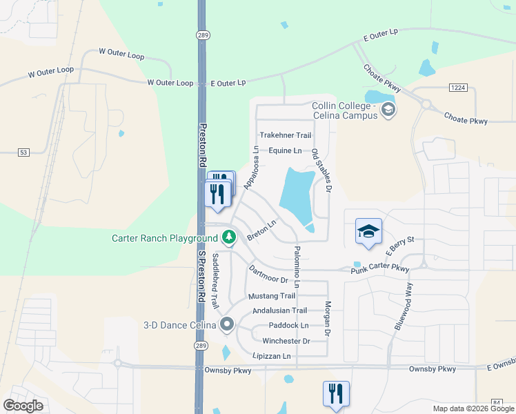 map of restaurants, bars, coffee shops, grocery stores, and more near 308 Tarpan Trail in Celina
