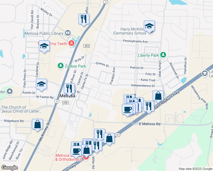 map of restaurants, bars, coffee shops, grocery stores, and more near 2200 Independence Drive in Melissa