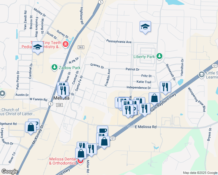 map of restaurants, bars, coffee shops, grocery stores, and more near 2212 Independence Drive in Melissa