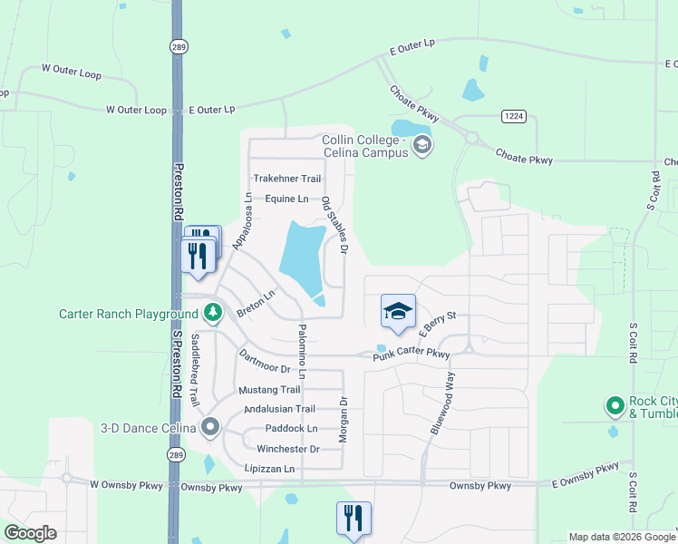 map of restaurants, bars, coffee shops, grocery stores, and more near 2614 Old Stables Drive in Celina