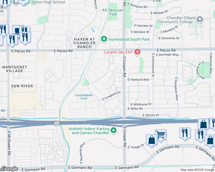 map of restaurants, bars, coffee shops, grocery stores, and more near 1892 East Flintlock Way in Chandler