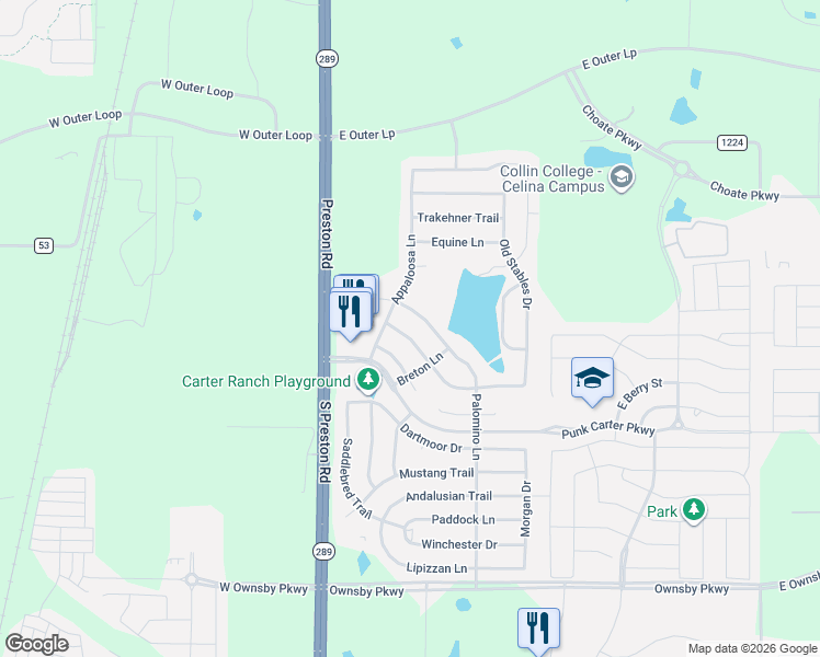 map of restaurants, bars, coffee shops, grocery stores, and more near 306 Palomino Lane in Celina