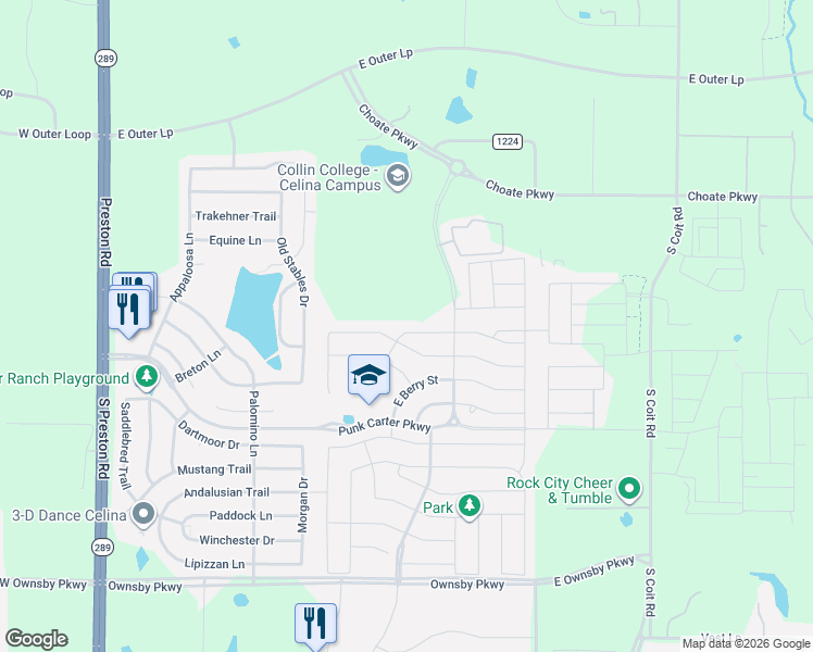 map of restaurants, bars, coffee shops, grocery stores, and more near 820 Bluebird Way in Celina