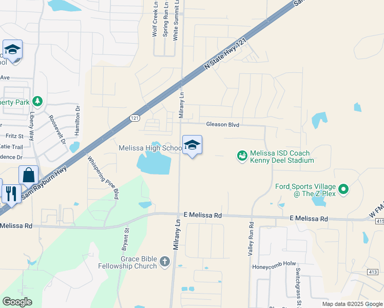 map of restaurants, bars, coffee shops, grocery stores, and more near 3030 Milrany Lane in Melissa
