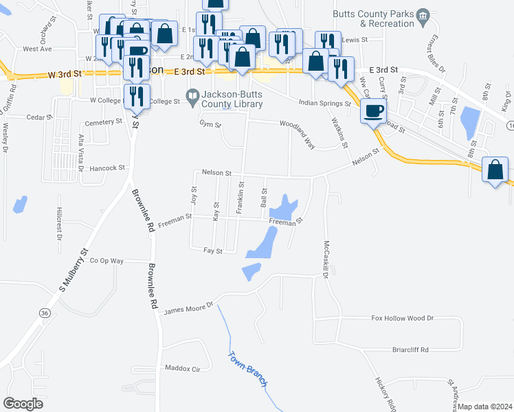 map of restaurants, bars, coffee shops, grocery stores, and more near 208 Ball Street in Jackson