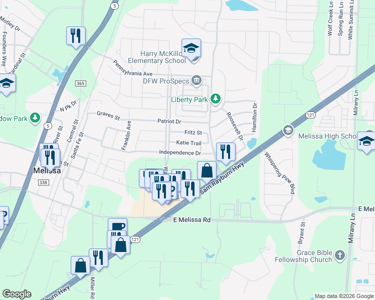 map of restaurants, bars, coffee shops, grocery stores, and more near 2615 Katie Trail in Melissa