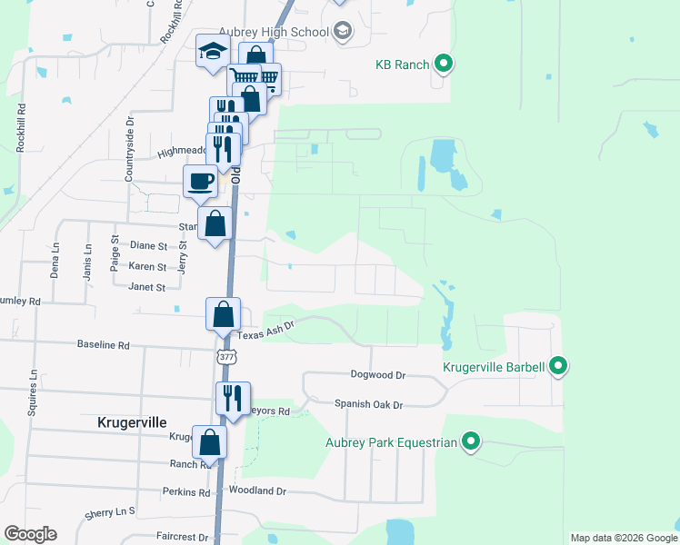 map of restaurants, bars, coffee shops, grocery stores, and more near 1003 Eastland Lane in Aubrey