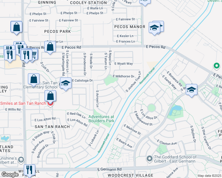 map of restaurants, bars, coffee shops, grocery stores, and more near 3800 East Woodside Way in Gilbert