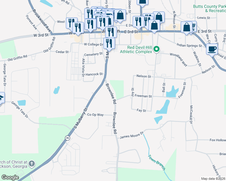 map of restaurants, bars, coffee shops, grocery stores, and more near 213 Brownlee Road in Jackson