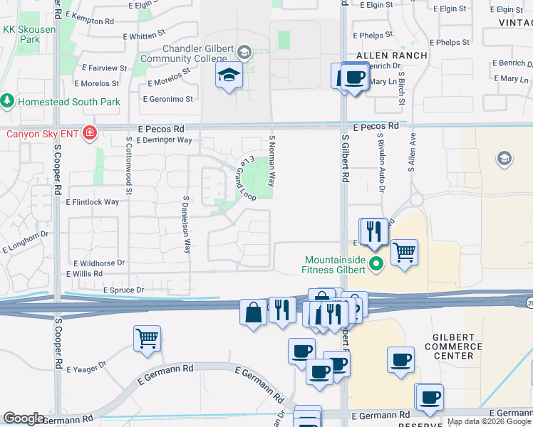 map of restaurants, bars, coffee shops, grocery stores, and more near 2681 East Le Grand Loop in Chandler