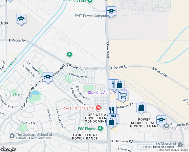 map of restaurants, bars, coffee shops, grocery stores, and more near 3464 South Winter Lane in Gilbert