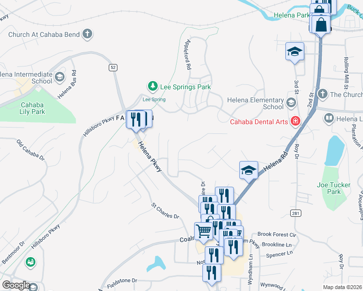 map of restaurants, bars, coffee shops, grocery stores, and more near 1655 Oak Park Lane in Helena