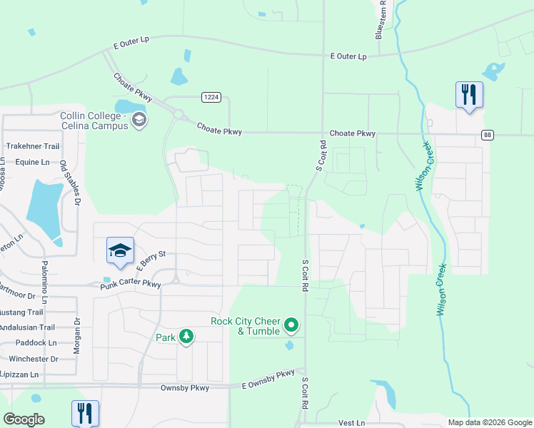 map of restaurants, bars, coffee shops, grocery stores, and more near Whipsaw Trail in Celina