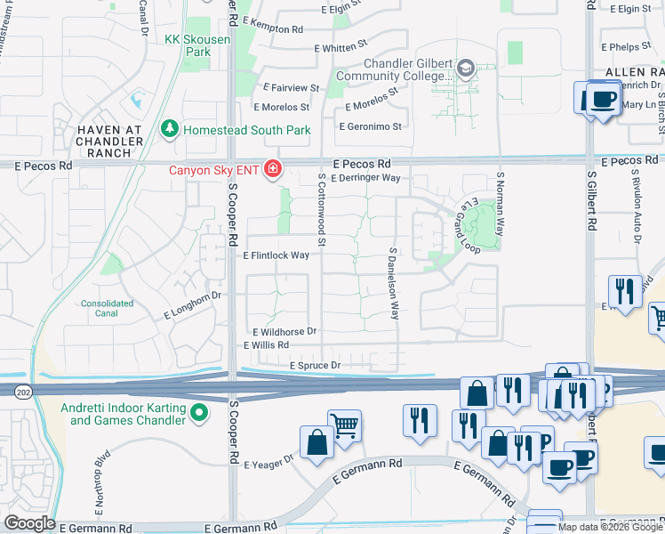 map of restaurants, bars, coffee shops, grocery stores, and more near 2257 East Flintlock Place in Chandler