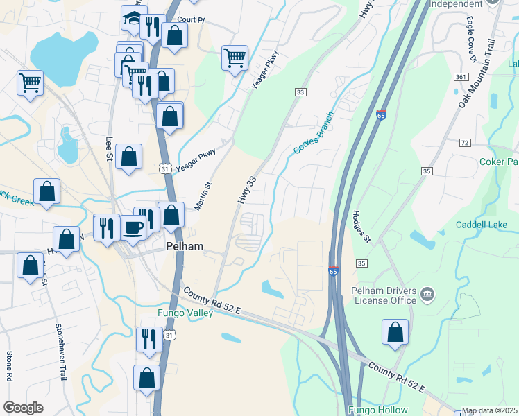 map of restaurants, bars, coffee shops, grocery stores, and more near 122 Coales Branch Drive in Pelham