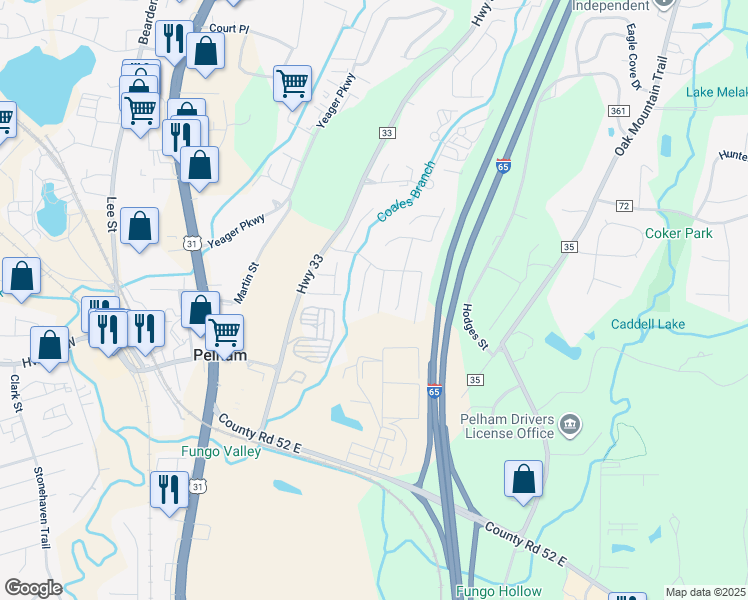 map of restaurants, bars, coffee shops, grocery stores, and more near 212 Hidden Creek Drive in Pelham