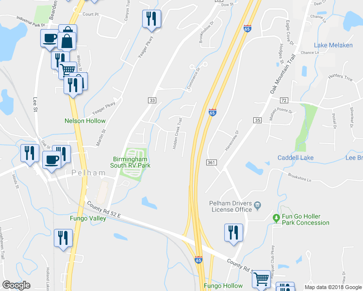 map of restaurants, bars, coffee shops, grocery stores, and more near 203 Hidden Creek Parkway in Pelham