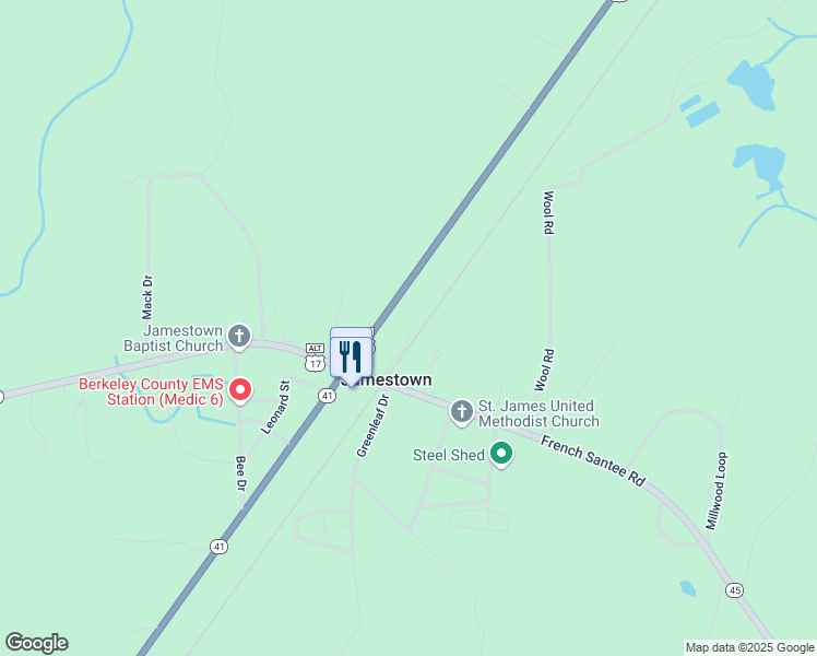 map of restaurants, bars, coffee shops, grocery stores, and more near 125 Townhouse Lane in Jamestown