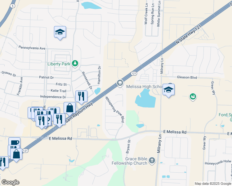 map of restaurants, bars, coffee shops, grocery stores, and more near 3100 Sam Rayburn Highway in Melissa