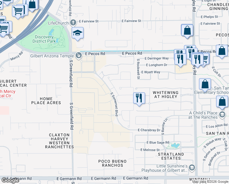 map of restaurants, bars, coffee shops, grocery stores, and more near 3440 South Stuart Avenue in Gilbert