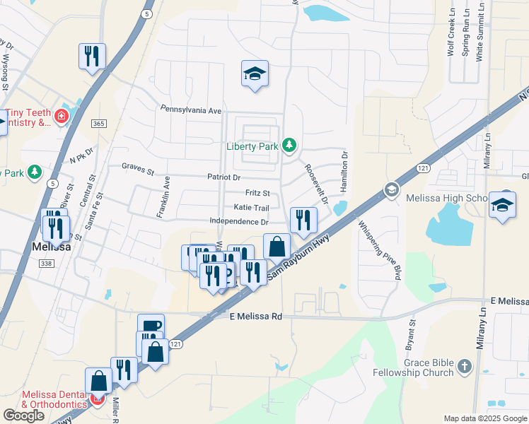 map of restaurants, bars, coffee shops, grocery stores, and more near 2706 Katie Trail in Melissa