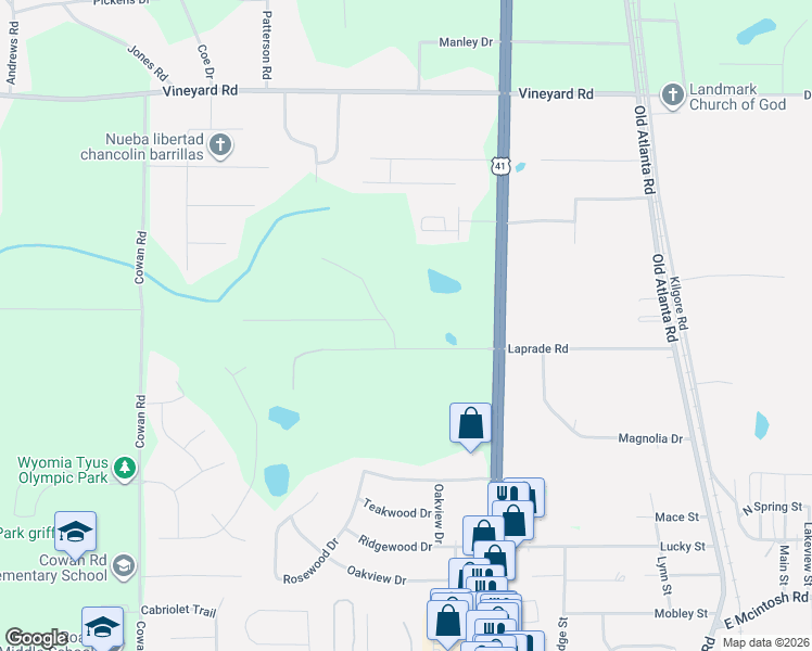 map of restaurants, bars, coffee shops, grocery stores, and more near 2006 Tallwood Place in Griffin