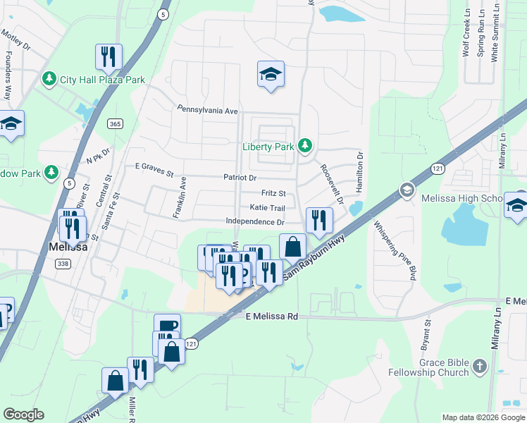 map of restaurants, bars, coffee shops, grocery stores, and more near 2615 Katie Trail in Melissa