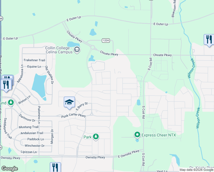 map of restaurants, bars, coffee shops, grocery stores, and more near 1110 Goldfinch Drive in Celina