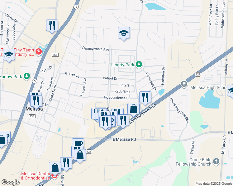 map of restaurants, bars, coffee shops, grocery stores, and more near 2608 Katie Trail in Melissa