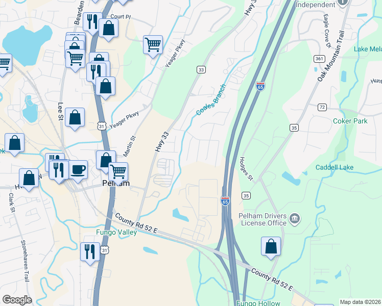 map of restaurants, bars, coffee shops, grocery stores, and more near 119 Hidden Creek Parkway in Pelham