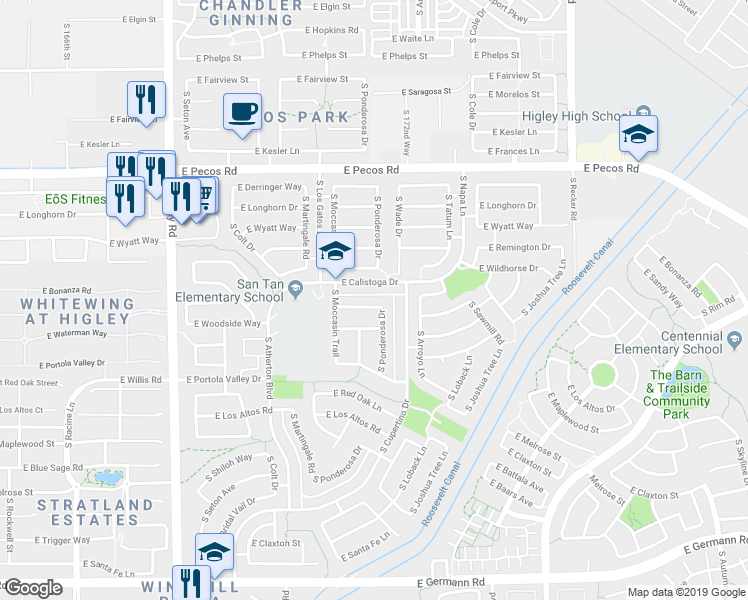 map of restaurants, bars, coffee shops, grocery stores, and more near 3582 East Woodside Way in Gilbert