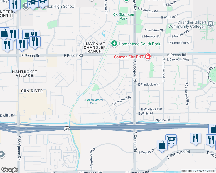 map of restaurants, bars, coffee shops, grocery stores, and more near 1840 East Woodsman Place in Chandler