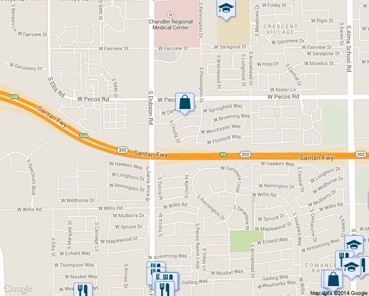 map of restaurants, bars, coffee shops, grocery stores, and more near 1237 South Cholla Court in Chandler