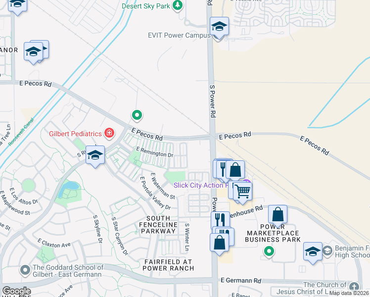 map of restaurants, bars, coffee shops, grocery stores, and more near 3464 South Winter Lane in Gilbert