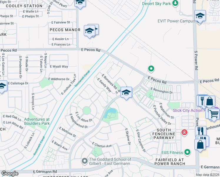 map of restaurants, bars, coffee shops, grocery stores, and more near 4214 East Sandy Way in Gilbert