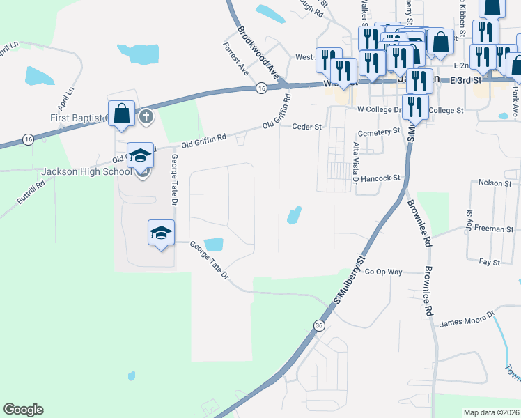 map of restaurants, bars, coffee shops, grocery stores, and more near 424 Clyde's Way in Jackson