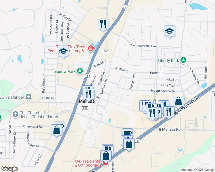 map of restaurants, bars, coffee shops, grocery stores, and more near 3104 Santa Fe St in Melissa