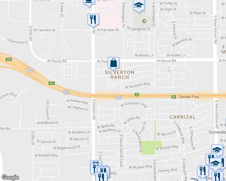 map of restaurants, bars, coffee shops, grocery stores, and more near 1237 South Cholla Court in Chandler