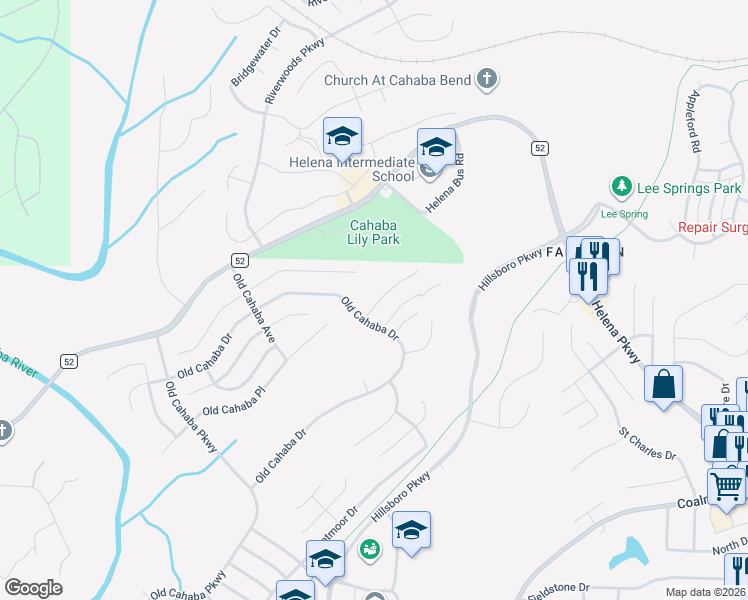 map of restaurants, bars, coffee shops, grocery stores, and more near 1109 Old Cahaba Circle in Helena