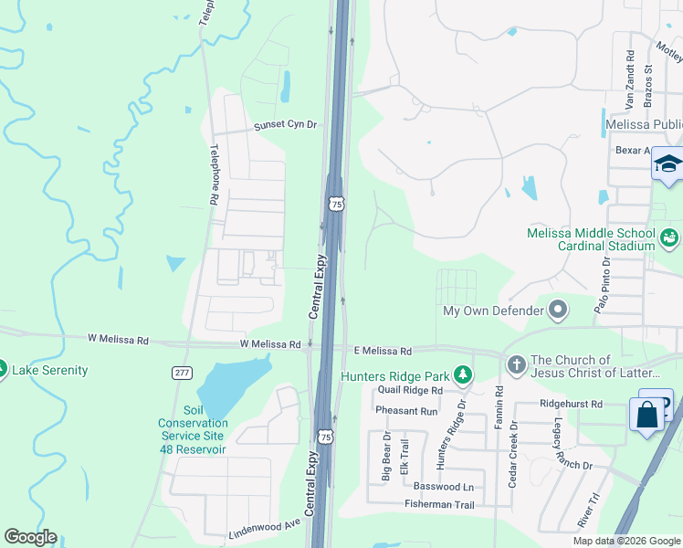 map of restaurants, bars, coffee shops, grocery stores, and more near 6068 Highway 75 Access Road in Melissa